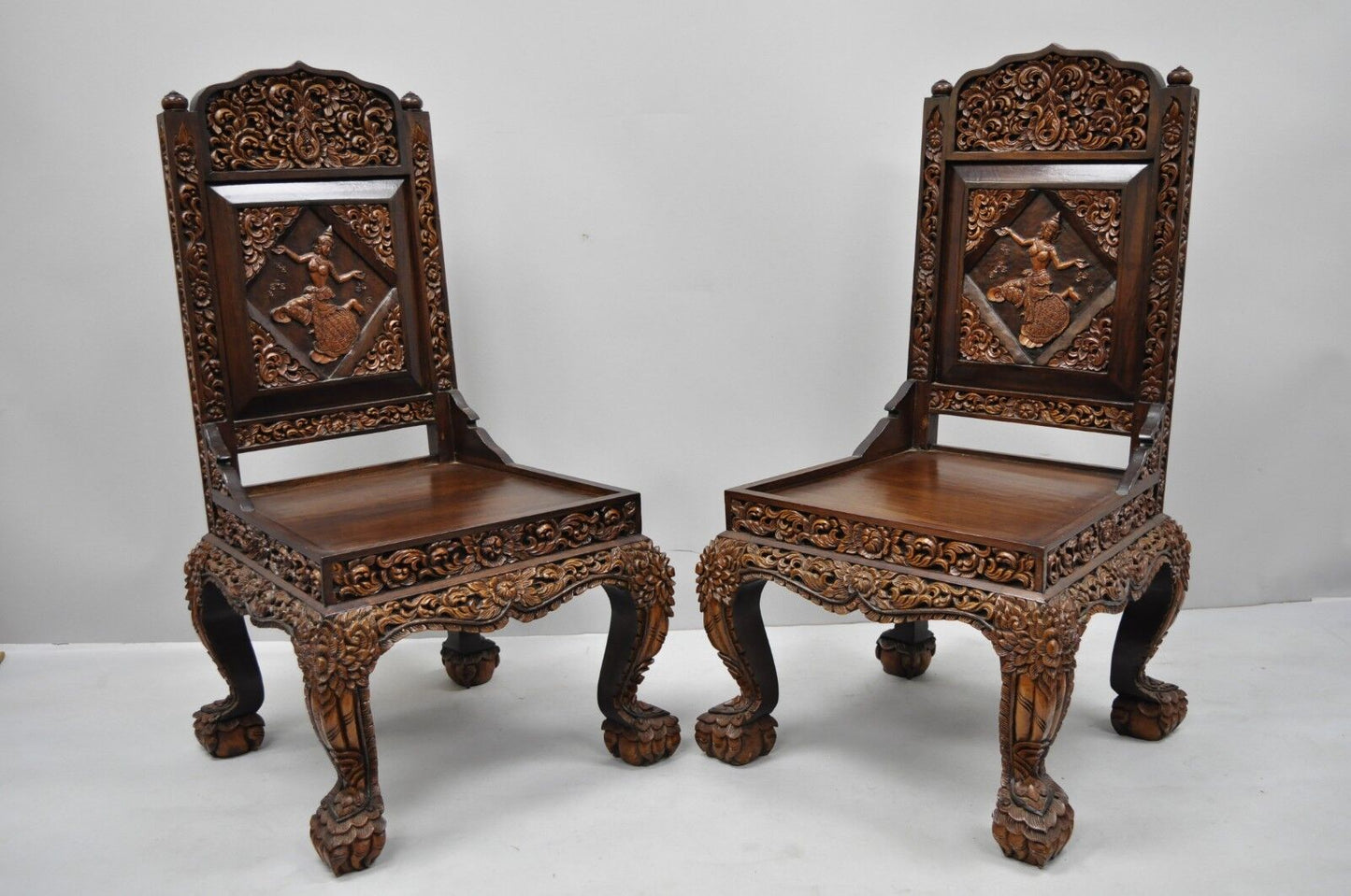 Hand Carved Thai Oriental Teak Wood Dining Chairs Dancing Female Figure - a Pair