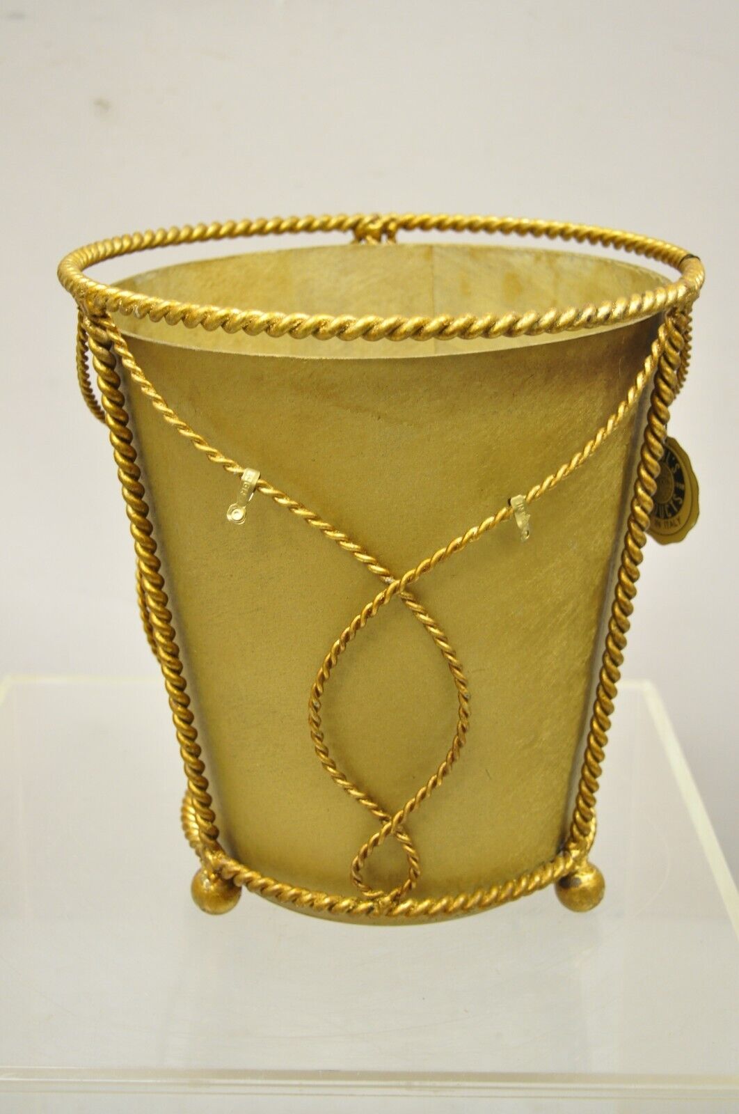 NOS Italian Gold Gilt Iron Hollywood Regency Wastebasket Trashcan with Liner