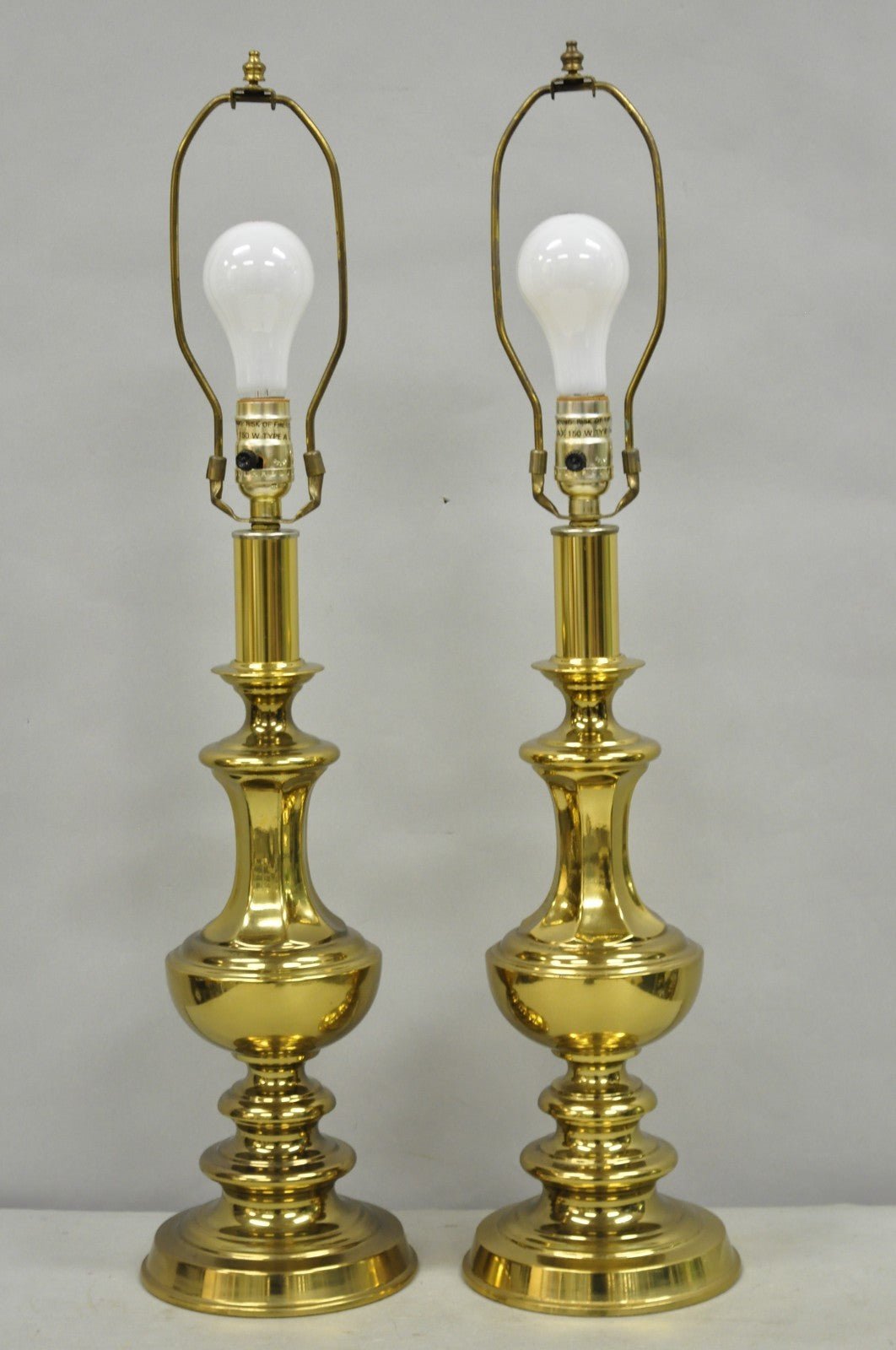 Vintage Hollywood Regency Brass Column Stiffel Style Gold Table Lamps - a Pair