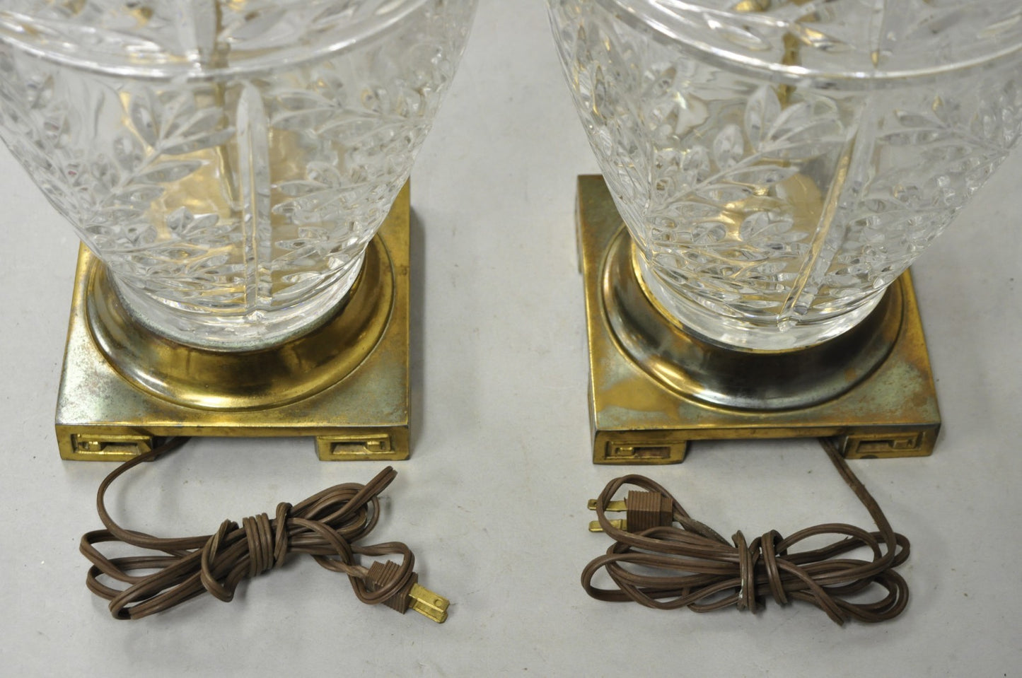 Vintage Chinoiserie Heavy Leaded Glass Wheat Sheaf Ginger Jar Table Lamps, Pair