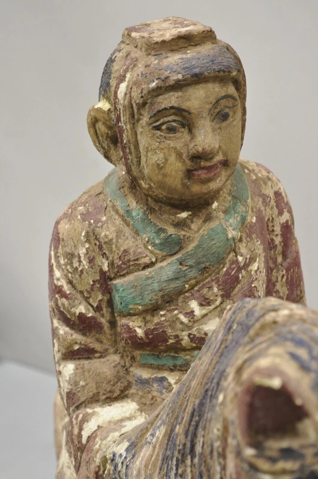 Chinese Polychrome Carved Wood Tang Horse and Rider Statue Sculpture