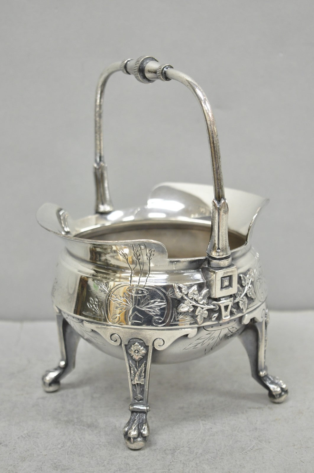 Antique John Carrow English Regency Silver Plated Paw Foot Etched Sugar Bowl