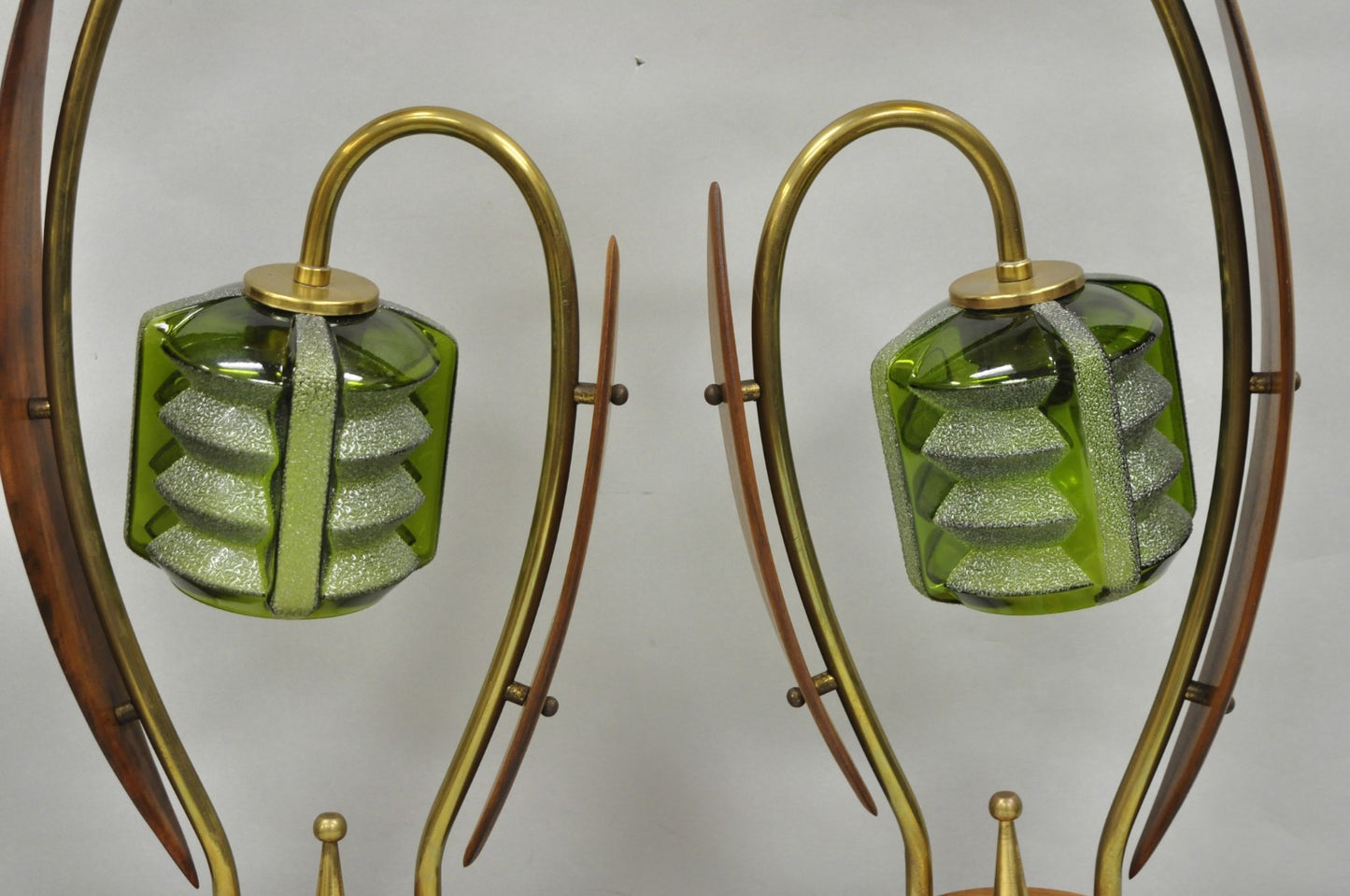 Vintage Mid Century Modern Walnut Tulip Flower Glass Shade Table Lamps - a Pair