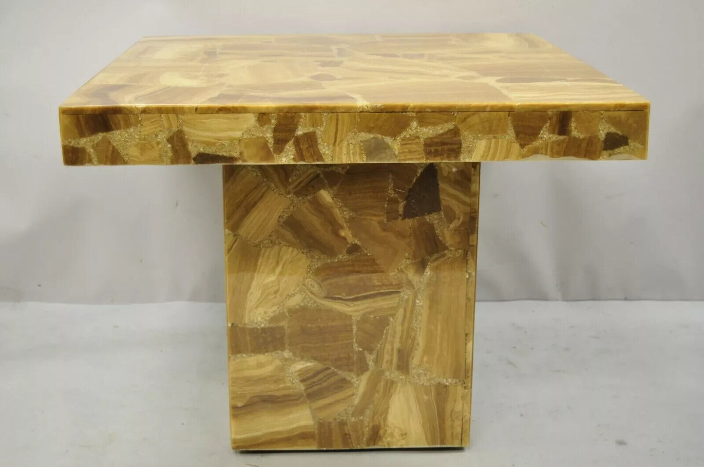 Vintage Mid Century Modern Lacquered Resin Onyx Mosaic Brown Square Side Table