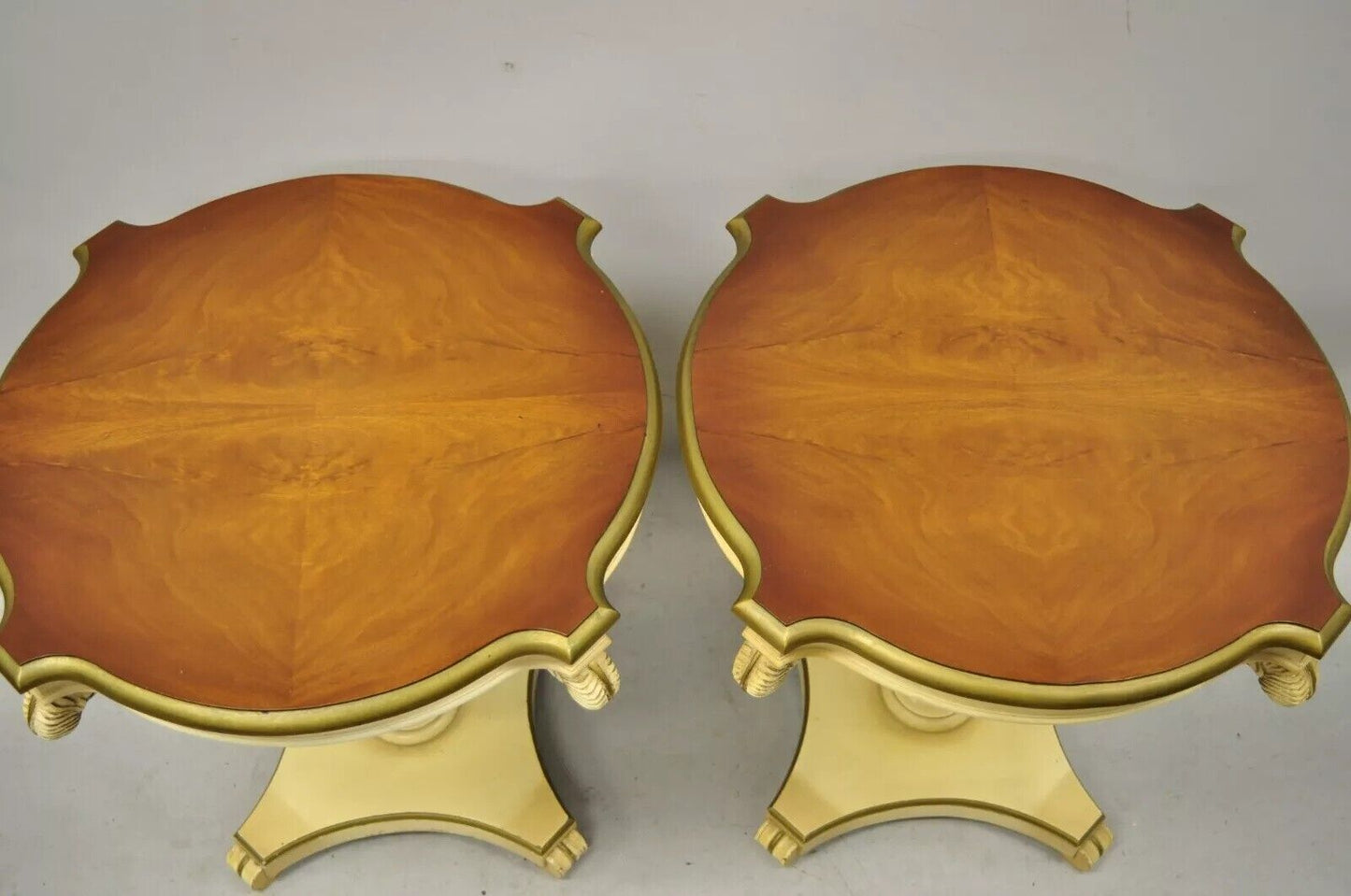 Grosfeld House Plume Carved Feather Pedestal Regency Side Tables - a Pair
