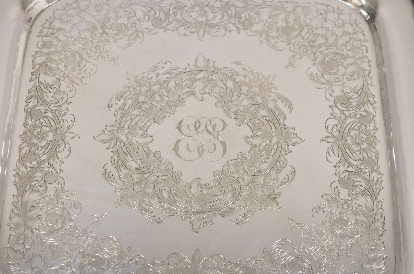 Vintage English Victorian Sliver Plated 15" Square Platter Tray With Monogram
