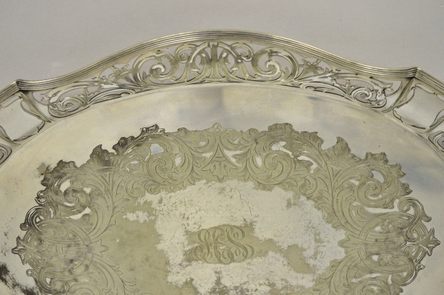 Antique D & H England 24" Silver Silver Plated Pierced Scalloped Platter Tray