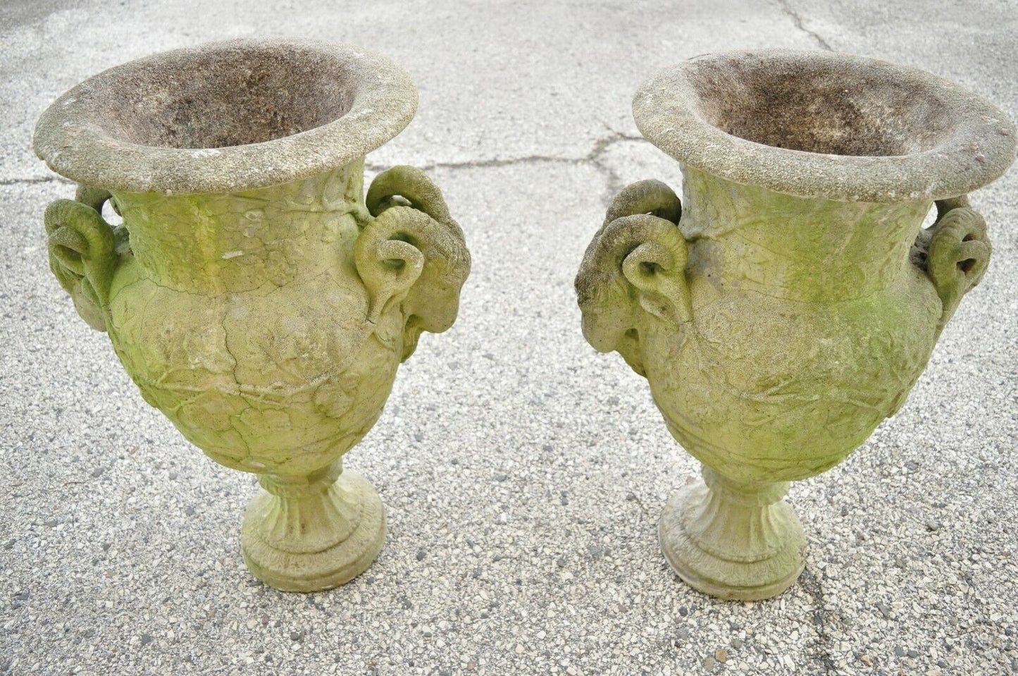 French Neoclassical 28" Concrete Figural Cherub Rams Garden Planters - a Pair