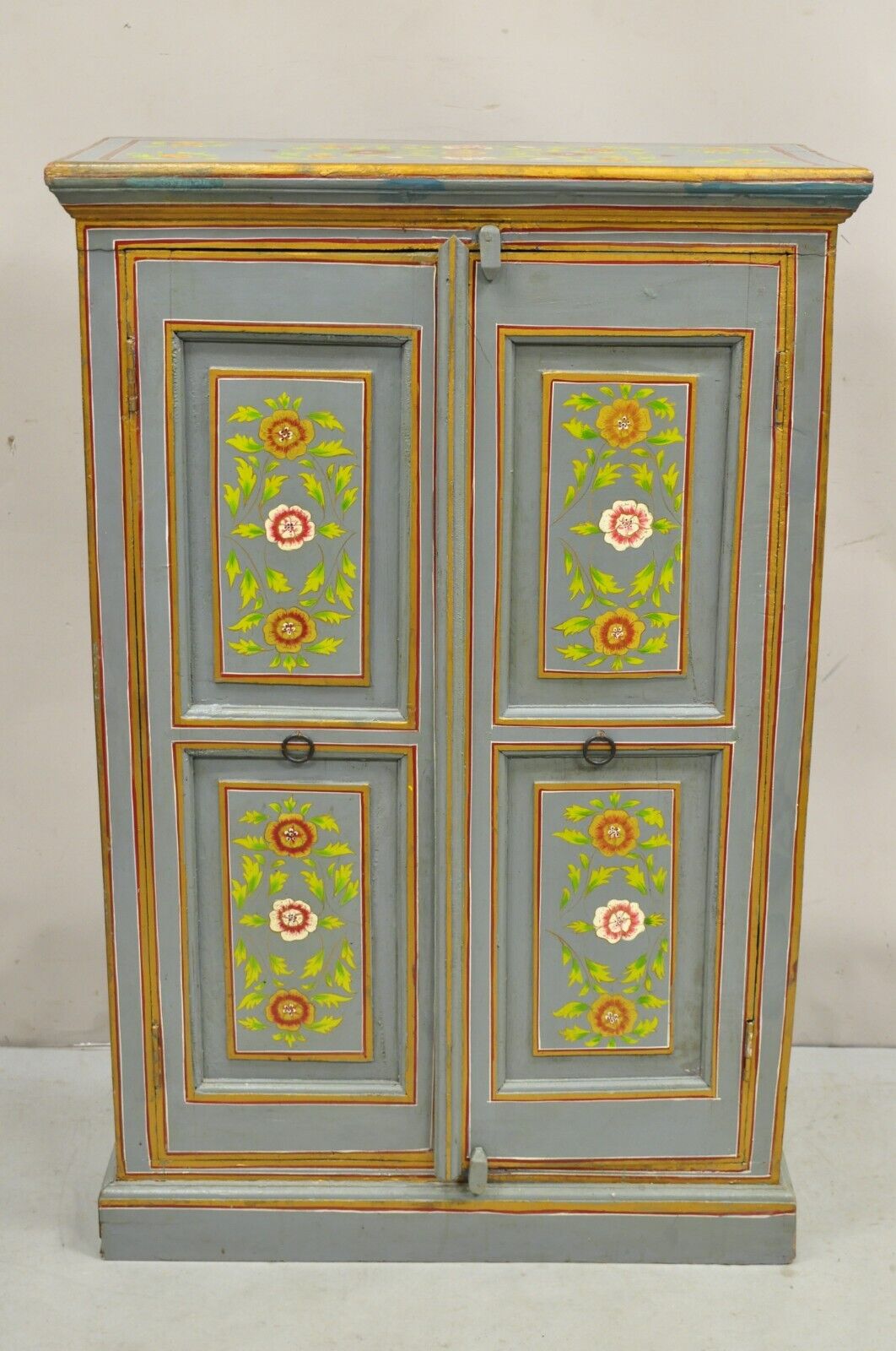 Vintage French Country Style Blue Painted Floral Wooden 2 Door Cupboard Cabinet