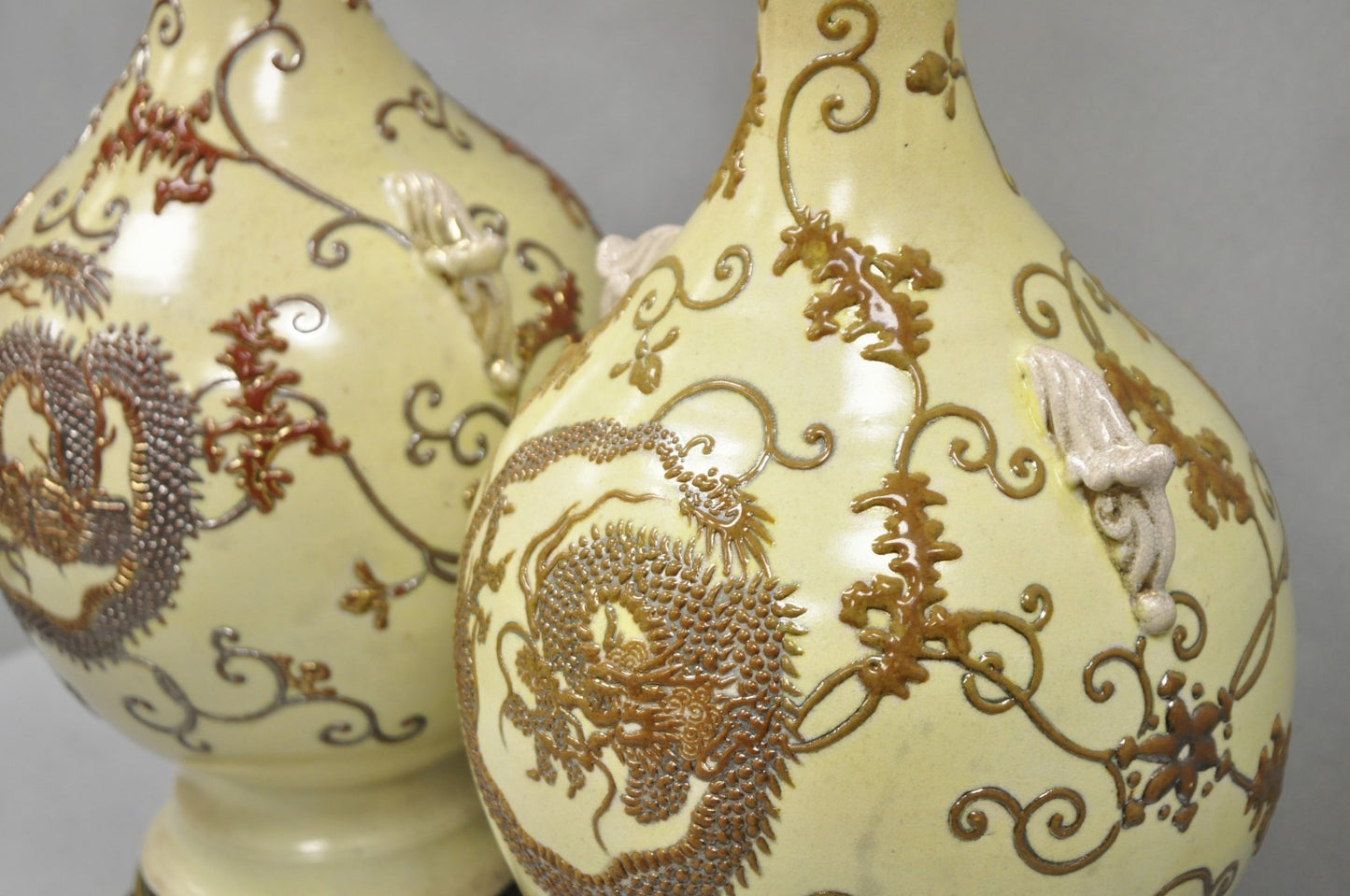 Antique Japanese Ceramic Beige Figural Dragon Vase Form Table Lamps - a Pair