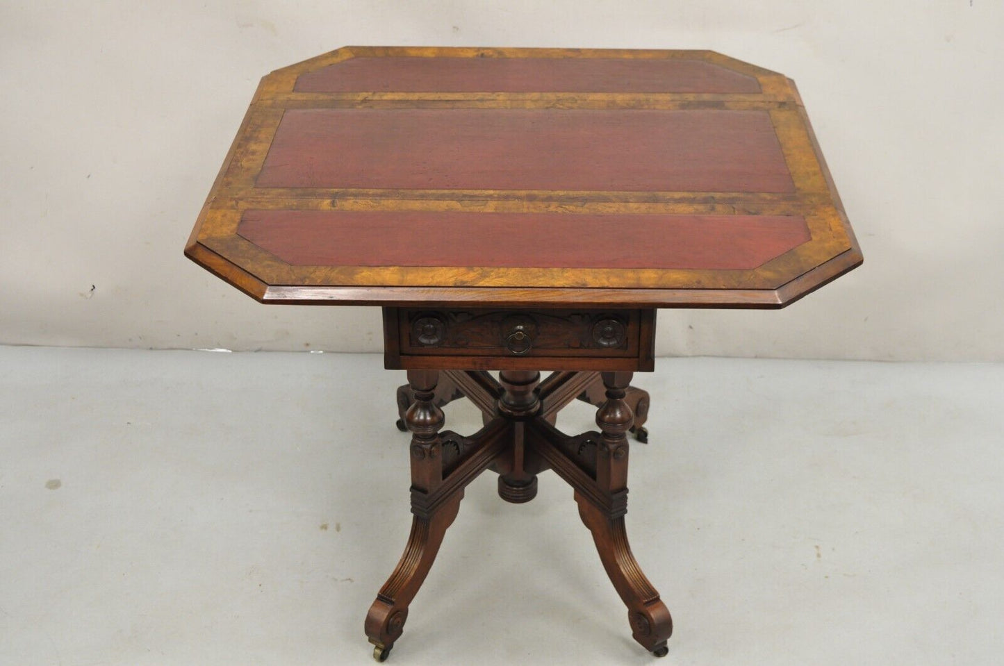 Antique Eastlake Victorian Leather Top Walnut Dropleaf Parlor Game Table