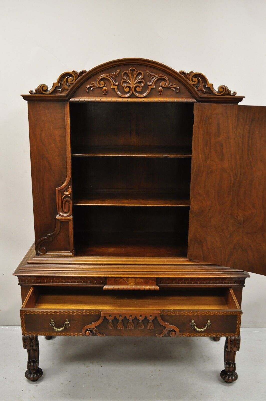 Antique French Renaissance Carved Walnut Floral Inlay Blind Door China Cabinet
