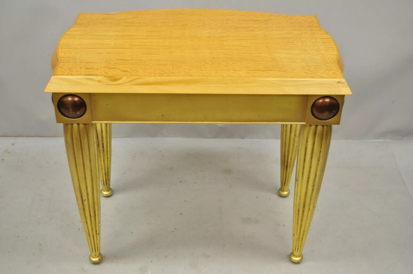 Italian Hollywood Regency Curly Maple Gold Gilt Leaf 1 Drawer Console Hall Table