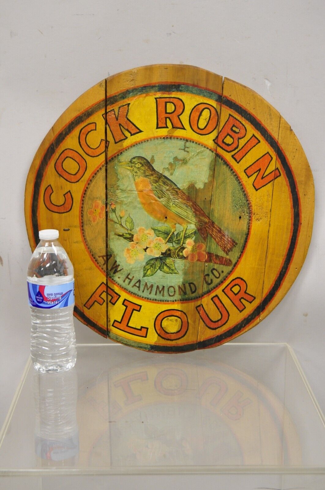 Vintage Cock Robin Flour AW Hammond Co Round Wood Advertisement Plaque