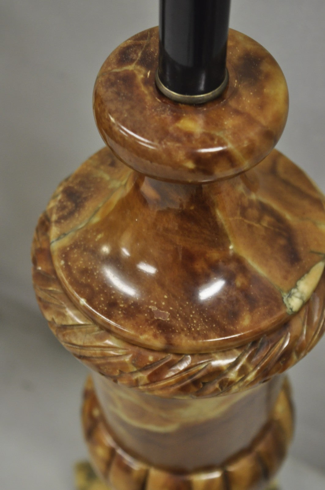 Vintage French Empire Style Polished Brown Marble Urn Form Table Lamps - a Pair