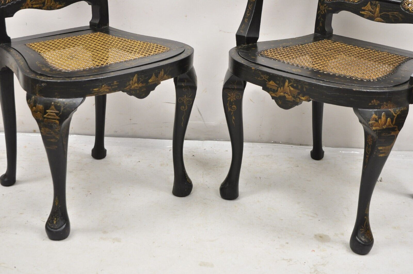Antique Chinoiserie Queen Anne Hand Painted Floral Cane Dining Chairs - Set of 4
