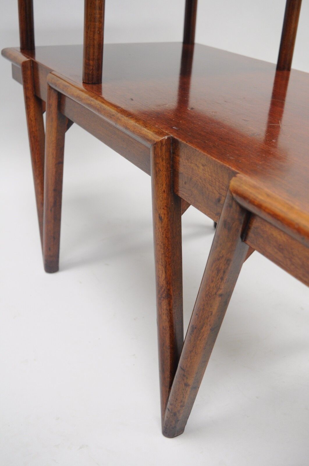 Mid Century Modern V-Leg T.H. Robsjohn Gibbings Style Mahogany Step Side Table
