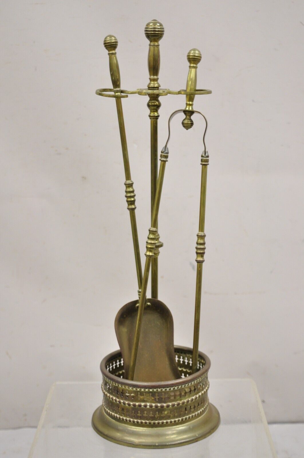 Antique English Federal Brass Fireplace Tool Set w/ Ball Finial - 3 Pc Set