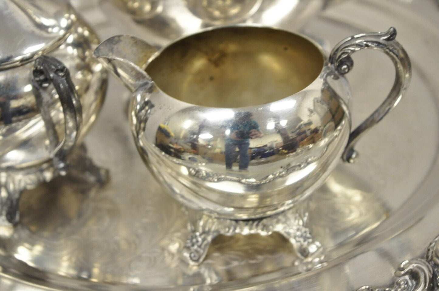 Vintage Silver Plate FB Rogers Tea Set Amston Round Serving Tray Platter