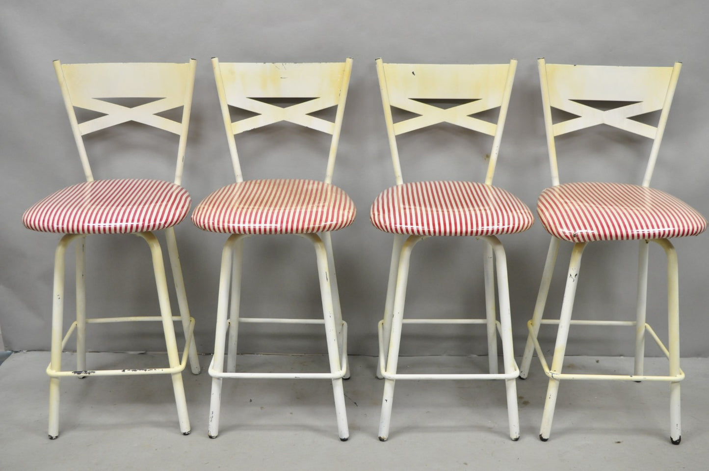 Vintage Modern Metal White Painted Swivel Amisco Counter Bar Stool - Set of 4