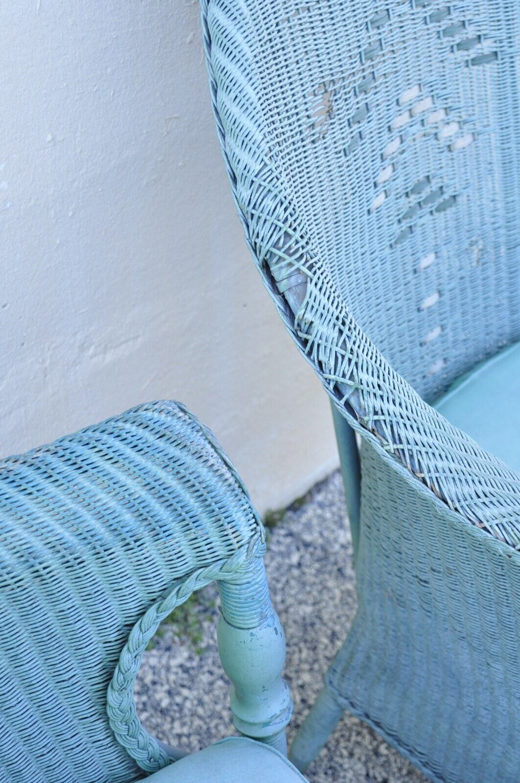 Victorian Blue Green Woven Wicker Sunroom Sofa Rocking Chair Lounge Chair 3 Pcs