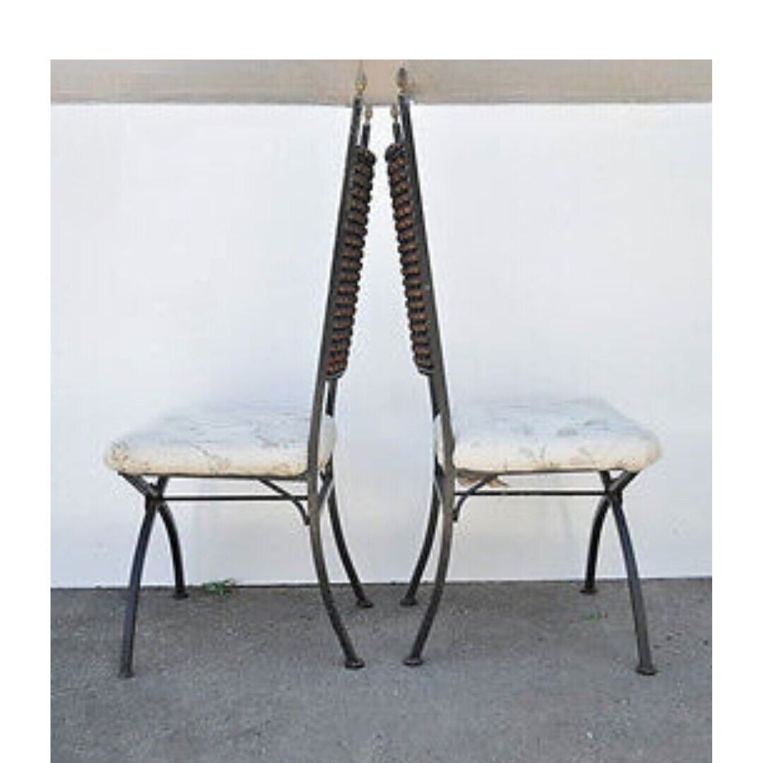 Hollywood Regency Wood Ball Abacus Wrought Iron Curule Dining Chairs - Set of 4