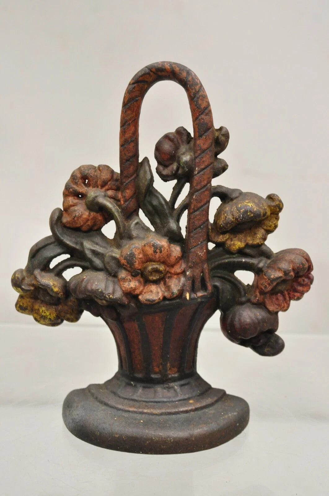 Antique Victorian Red Cast Iron Figural Painted Floral Bouquet Basket Door Stop