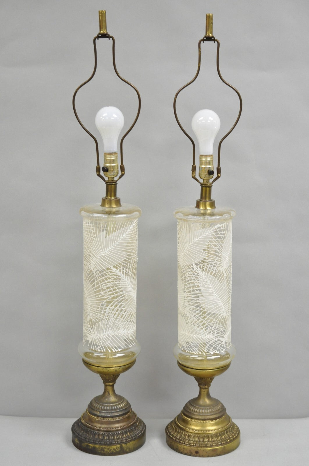 Italian Hollywood Regency Glass Cylinder Palm Leaf Painted Table Lamp - a Pair