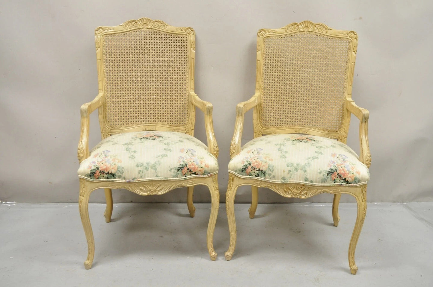 Vintage French Country Louis XV Style Cane Back Painted Dining Chairs - Set of 6