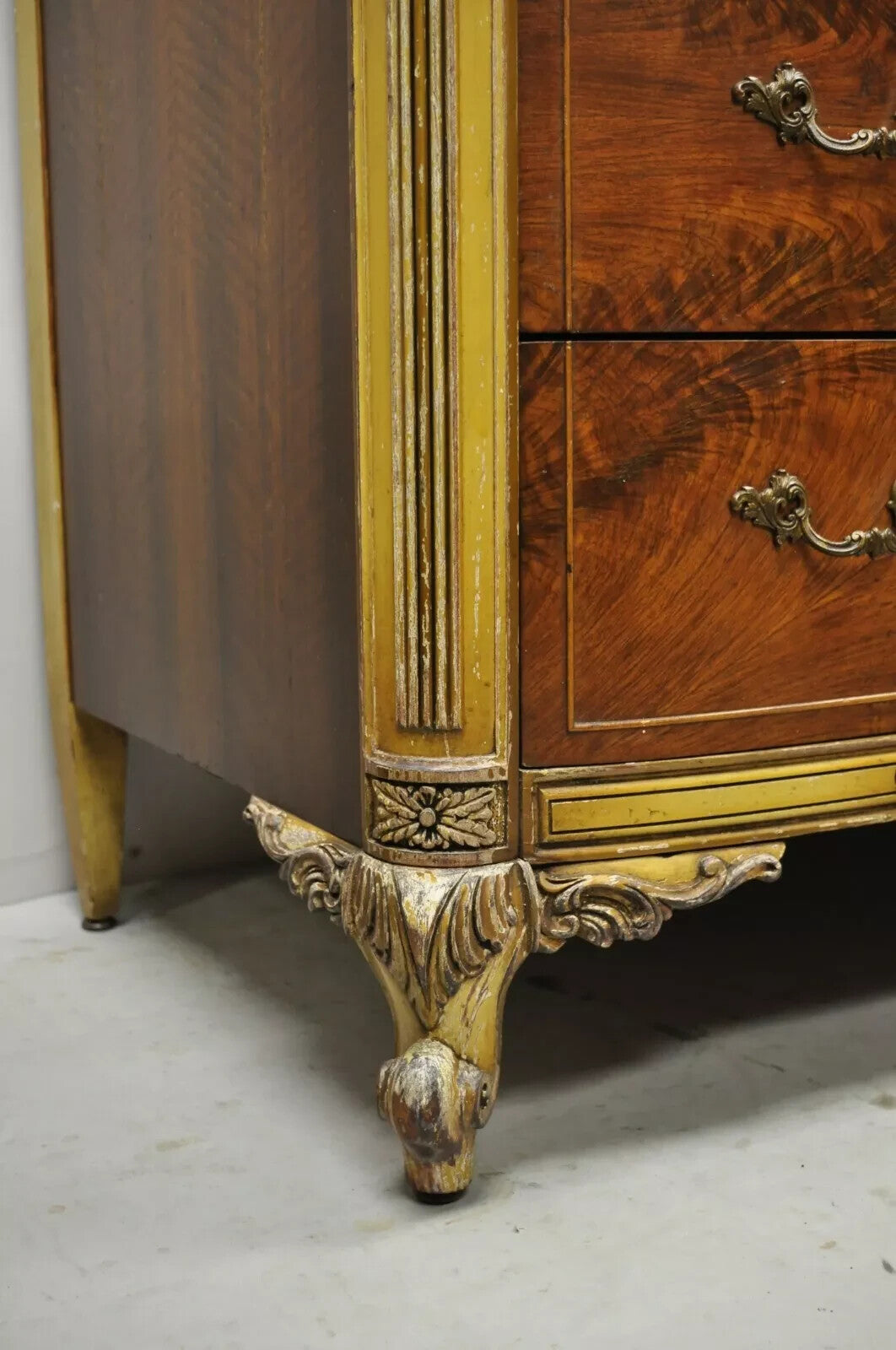 Antique French Louis XV Floral Satinwood Inlay Mahogany Chest Dresser & Mirror
