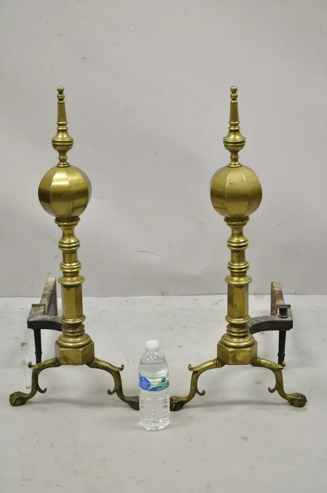Antique Federal Faceted Brass Cannonball Branch Foot Cast Iron Andirons - a Pair