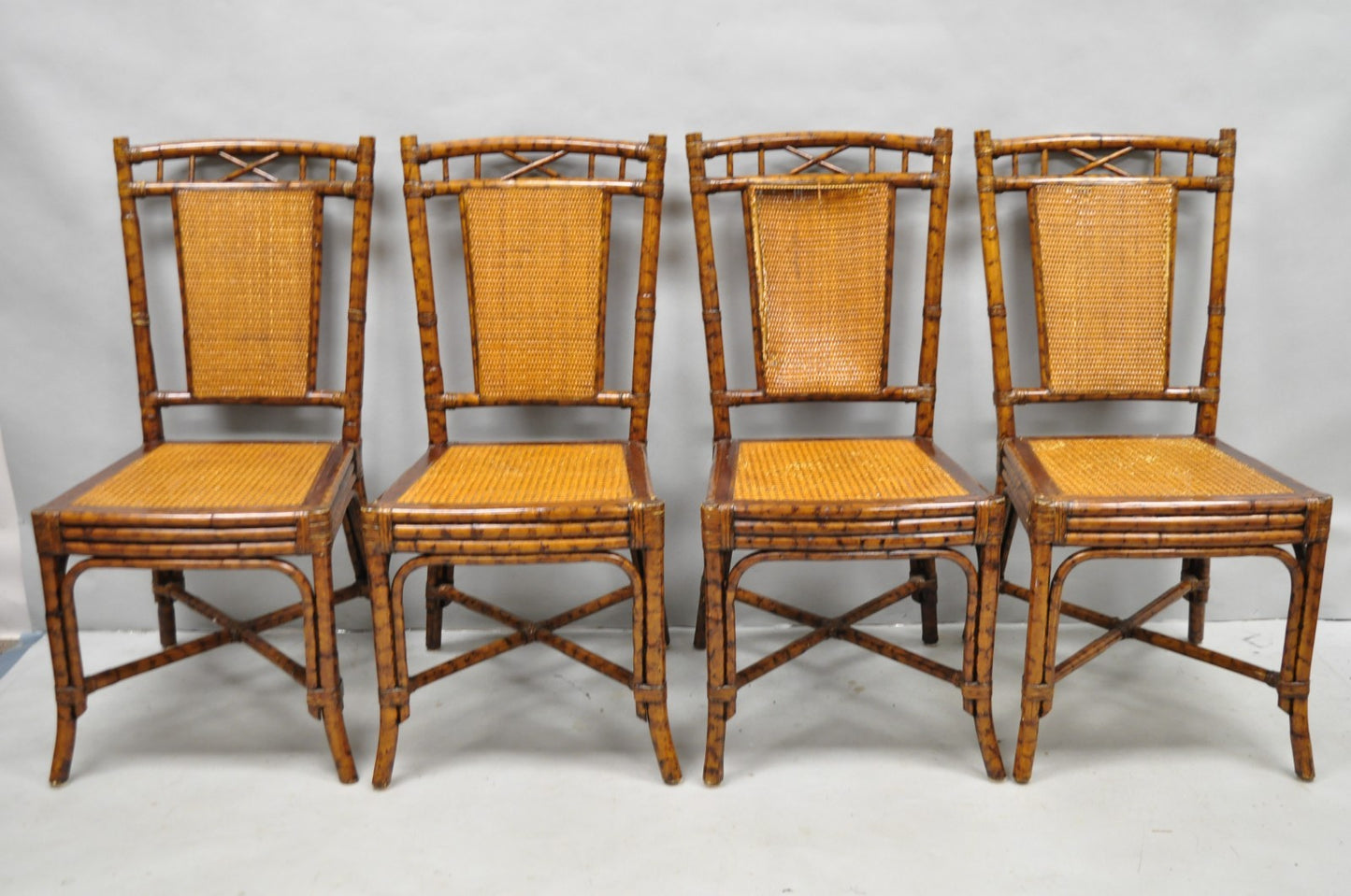 Hollywood Regency British Colonial Burnt Bamboo Cane Dining Chairs - Set of 4