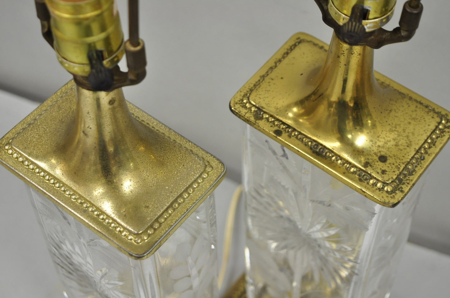 Vintage Dresden Victorian Cut Crystal Glass Flower Brass Table Lamps - a Pair