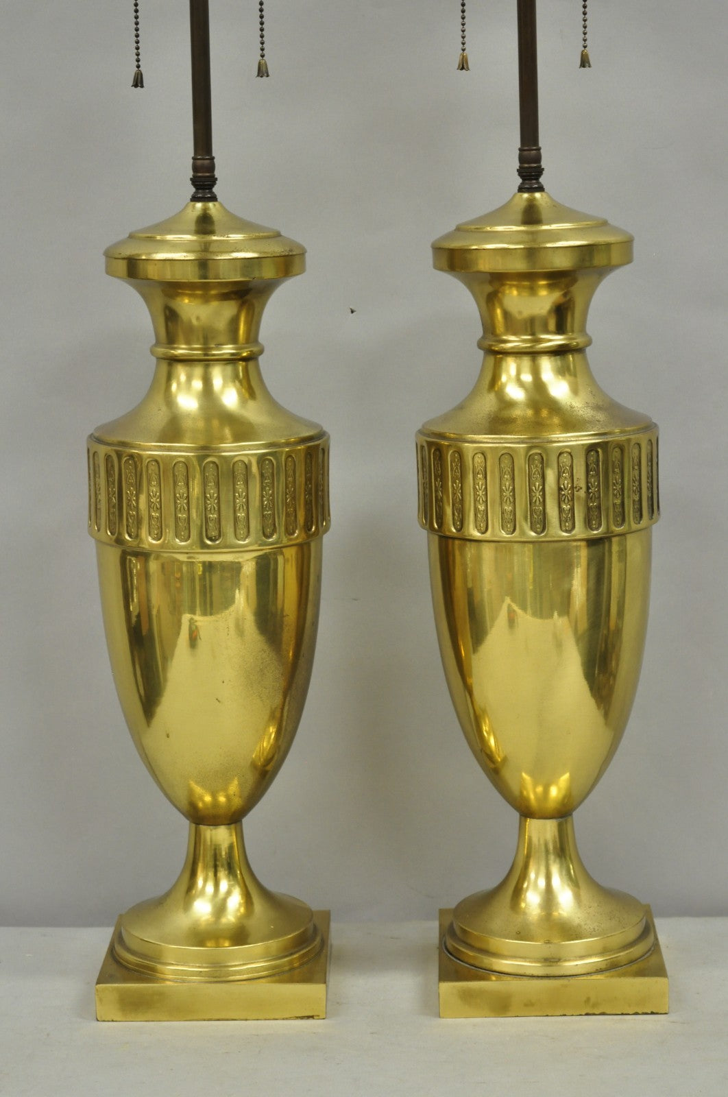 Vintage French Empire Neoclassical Gold Burnished Brass Urn Table Lamps - a Pair