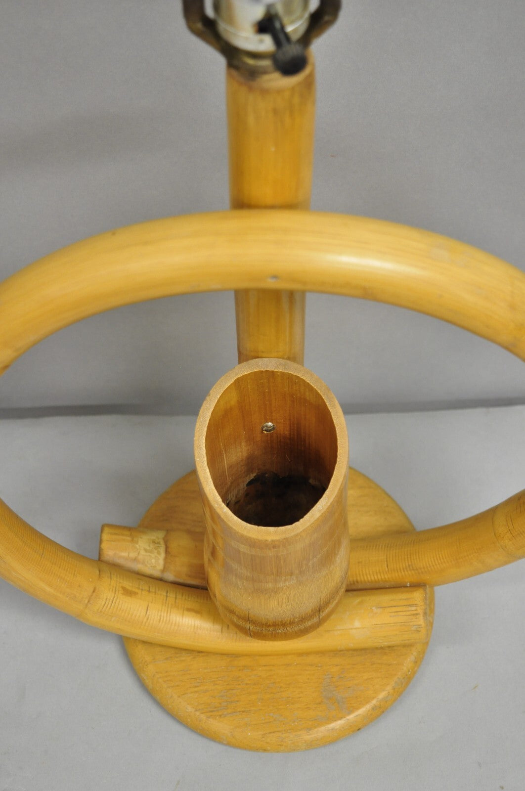 Vinatge Mid Century Modern Bentwood Bamboo Tiki Rattan Hoop Table Lamps - a Pair