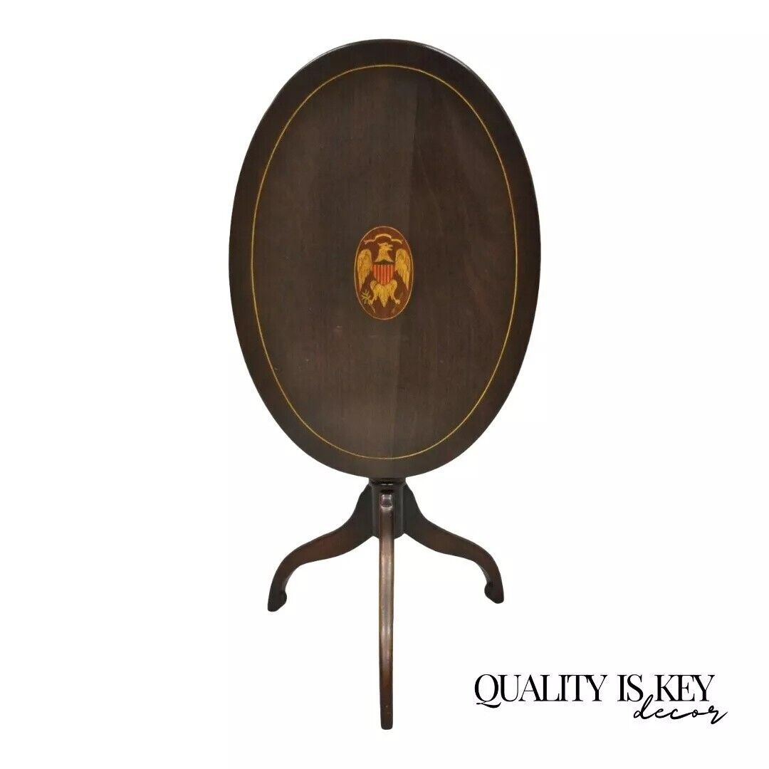 Antique Federal Sheraton Mahogany Eagle Shield Flag Inlay Tilt Top Lamp Table