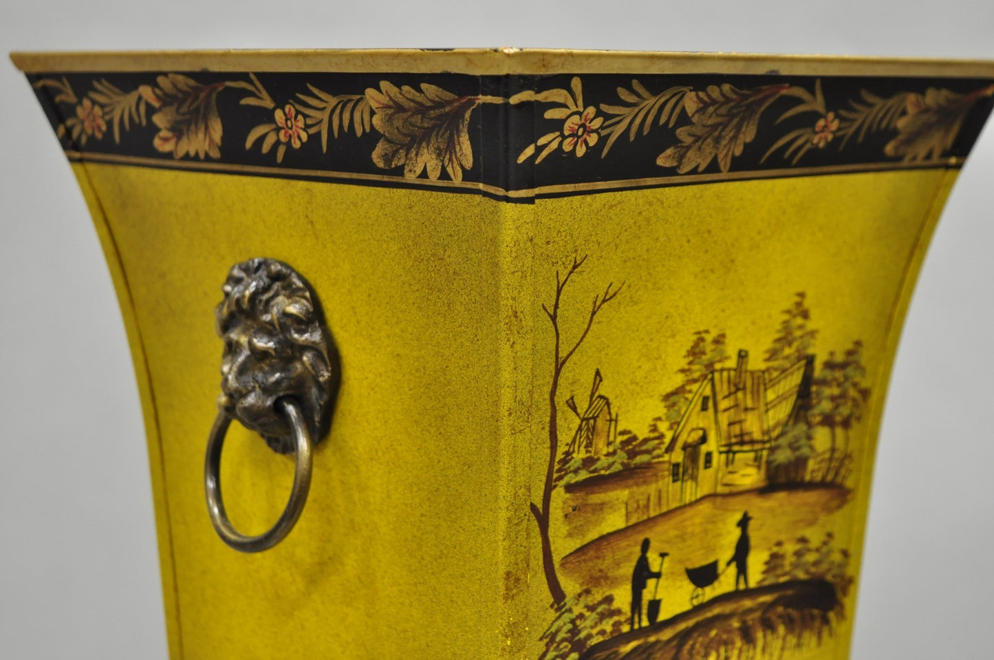 Vintage Chinoiserie French Country Yellow Metal Toleware Wastebasket Trash Can