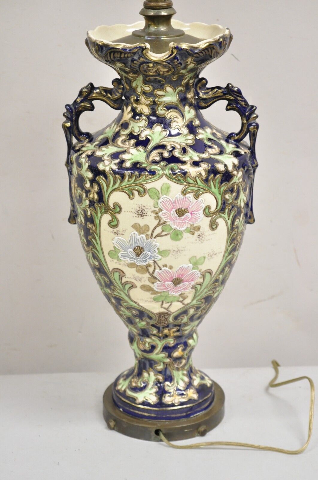 Antique Japanese Chinoiserie Blue Floral Porcelain "Wiseman" Large Table Lamp