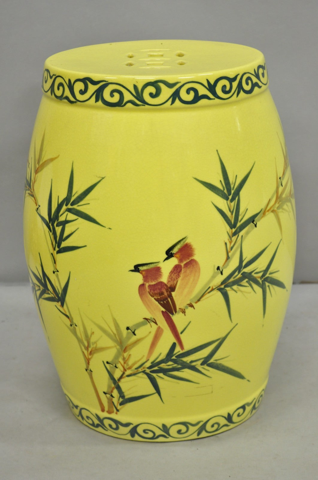 Vintage Chinese Chinoiserie Yellow Porcelain Ceramic Garden Seat w Painted Birds