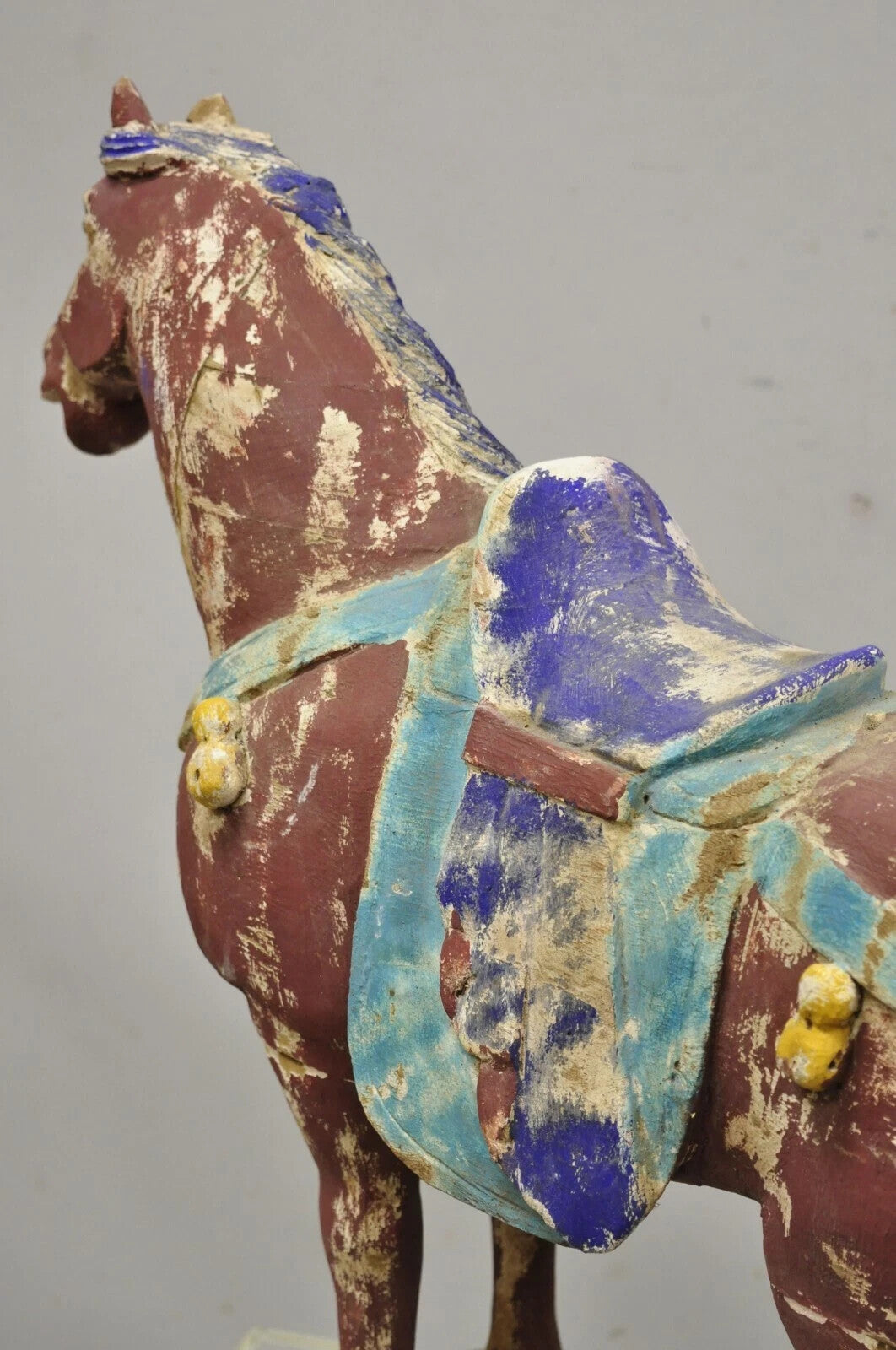 Chinese Polychrome Wooden Carved Wood 29" Tang Horse Sculpture Statue Red Figure