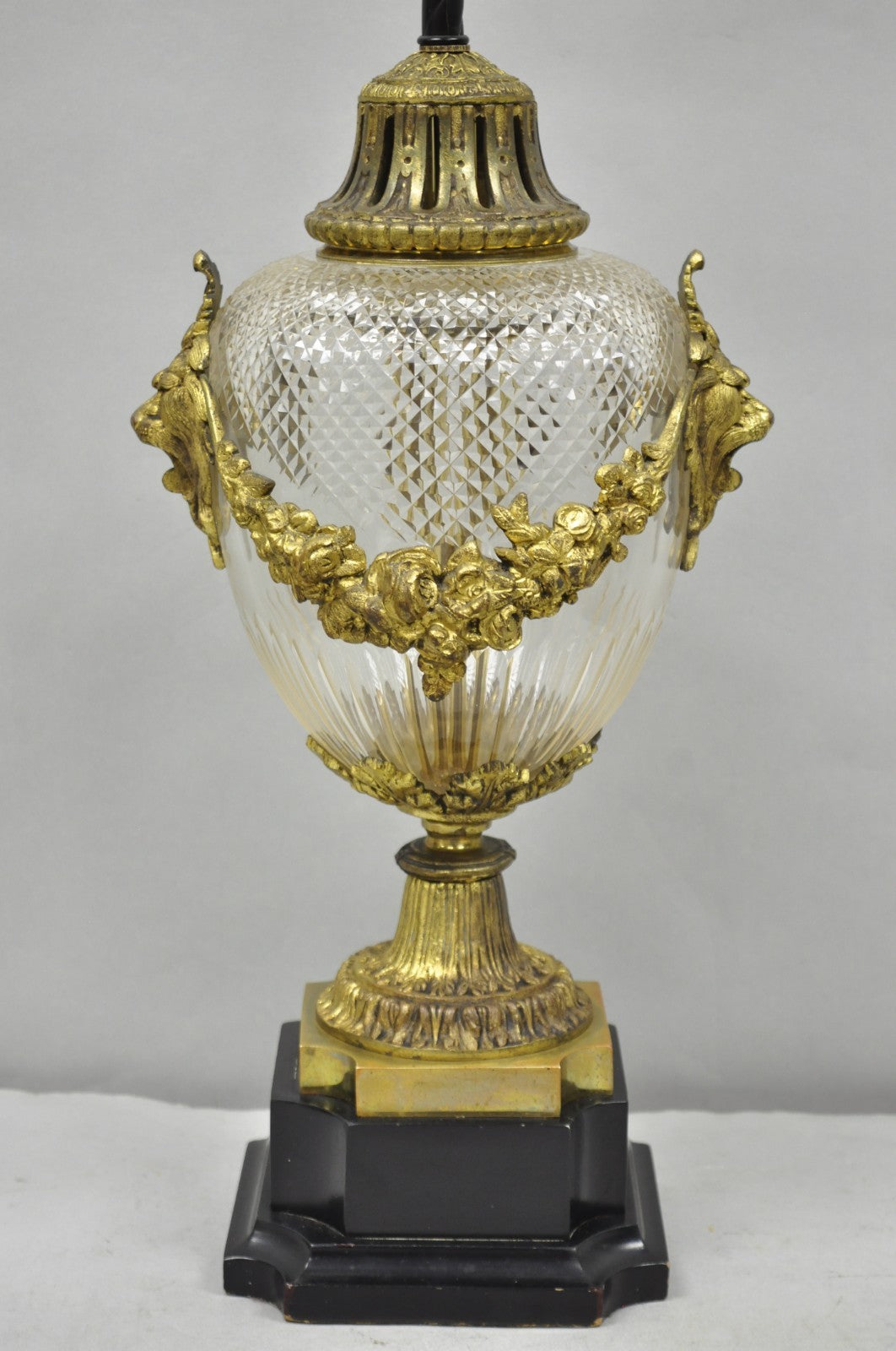 Antique French Neoclassical Bronze Lion Ormolu Diamond Cut Glass Urn Table Lamp