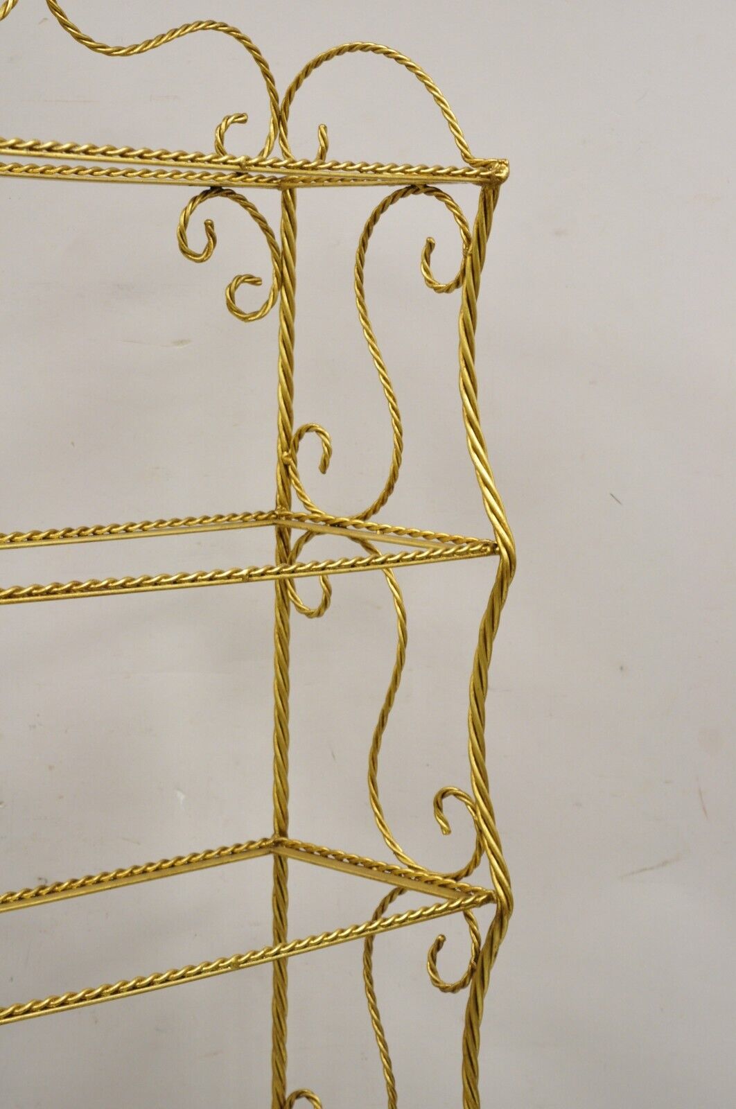 Italian Hollywood Regency Gold Gilt Iron 5 Tier Rope Tassel Narrow Etagere Stand