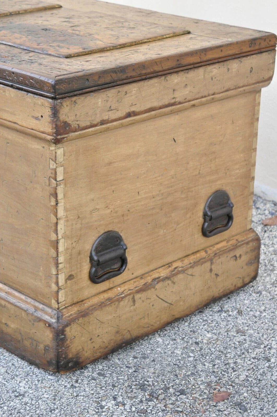 Antique 19th C French Hand Painted Distressed Wood Blanket Chest Dovetail Trunk