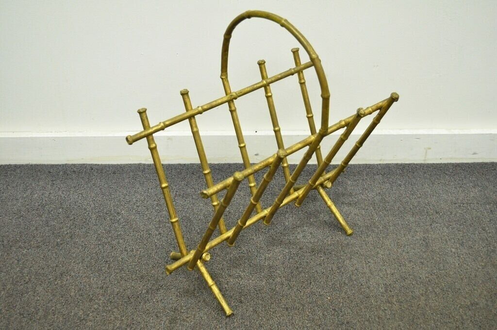 Vintage Italian Hollywood Regency Gold Gilt Metal Faux Bamboo Magazine Rack