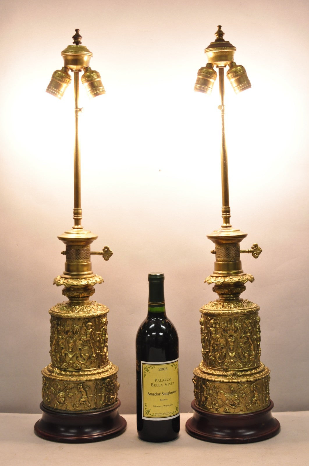 Antique French Neoclassical Figural Brass Repousse Cherub Lion Table Lamp - Pair