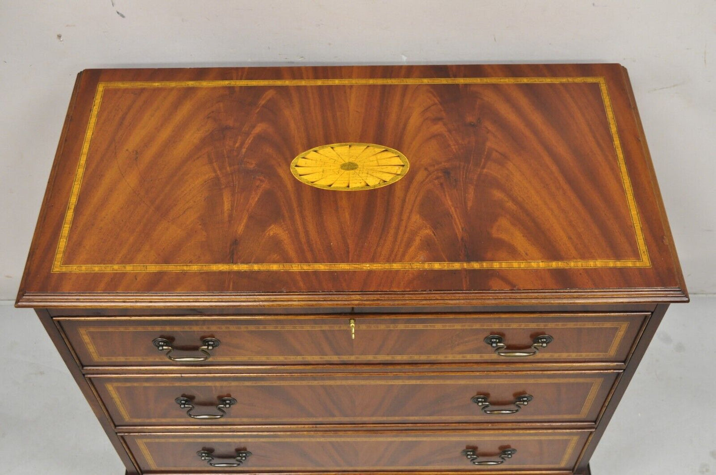 Vintage English Edwardian Style Mahogany Pinwheel Inlay 3 Drawer Dresser Chest