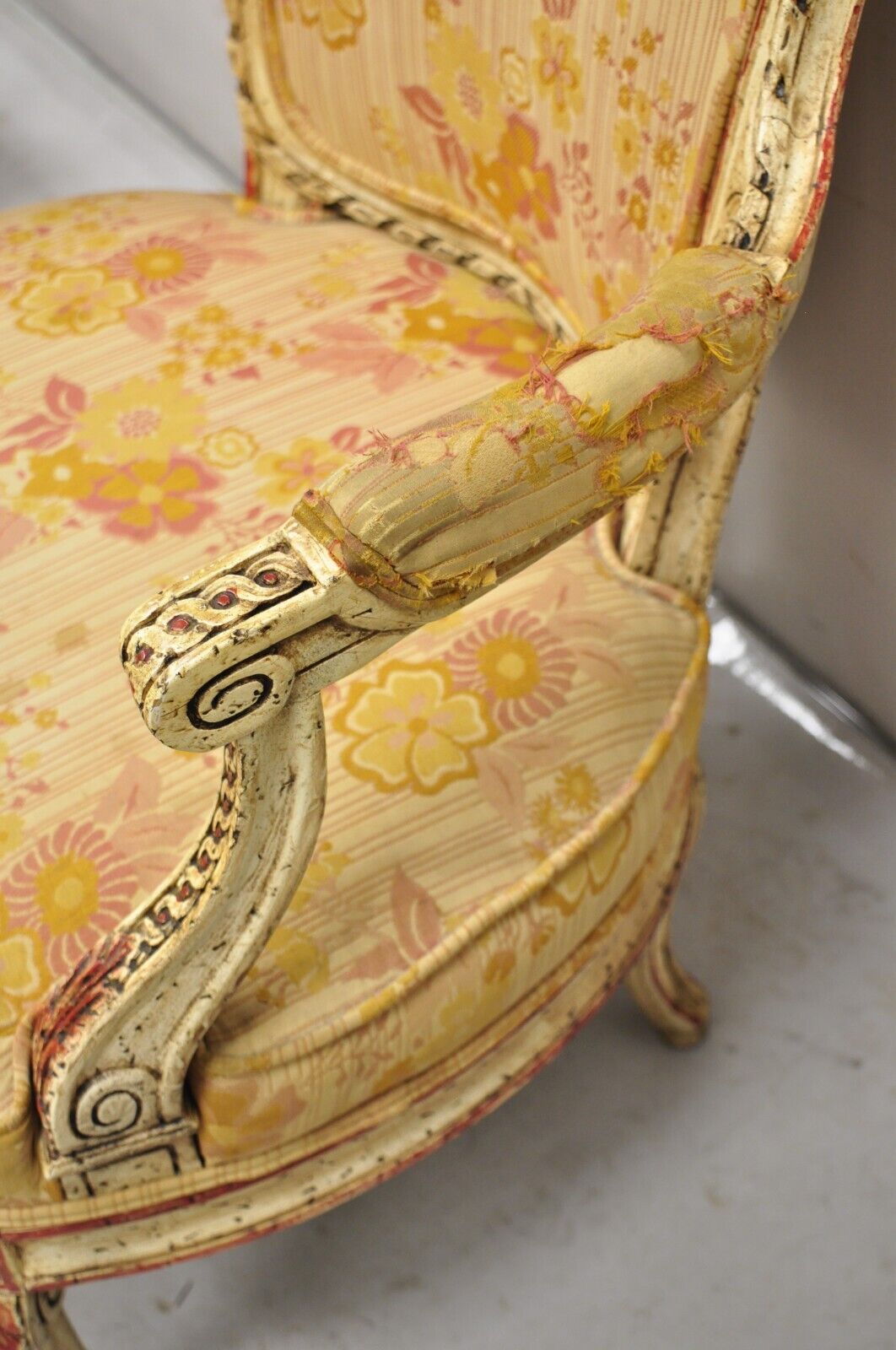 Vintage French Louis XV Style Cream and Red Painted Low Boudoir Fauteuil Chair