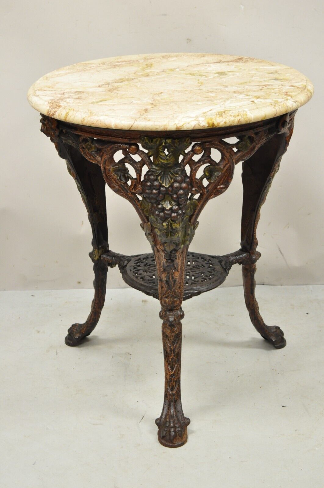Antique English Victorian Cast Iron Round Marble Top Pub Table