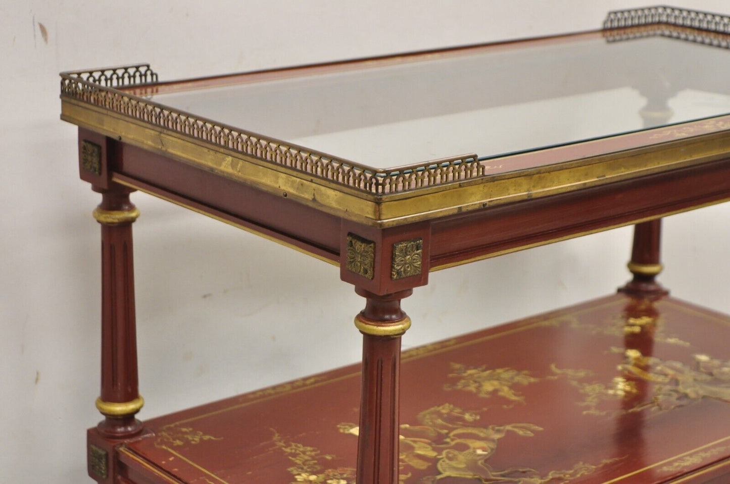 Chinoiserie Red Lacquer Gilt Painted Oriental Asian Glass Top Coffee Table
