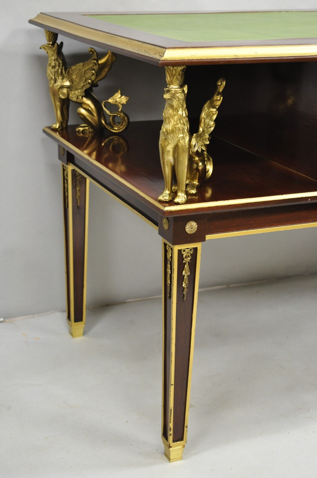French Empire Revival Green Leather Top Bronze Griffin Mahogany Desk & Chair